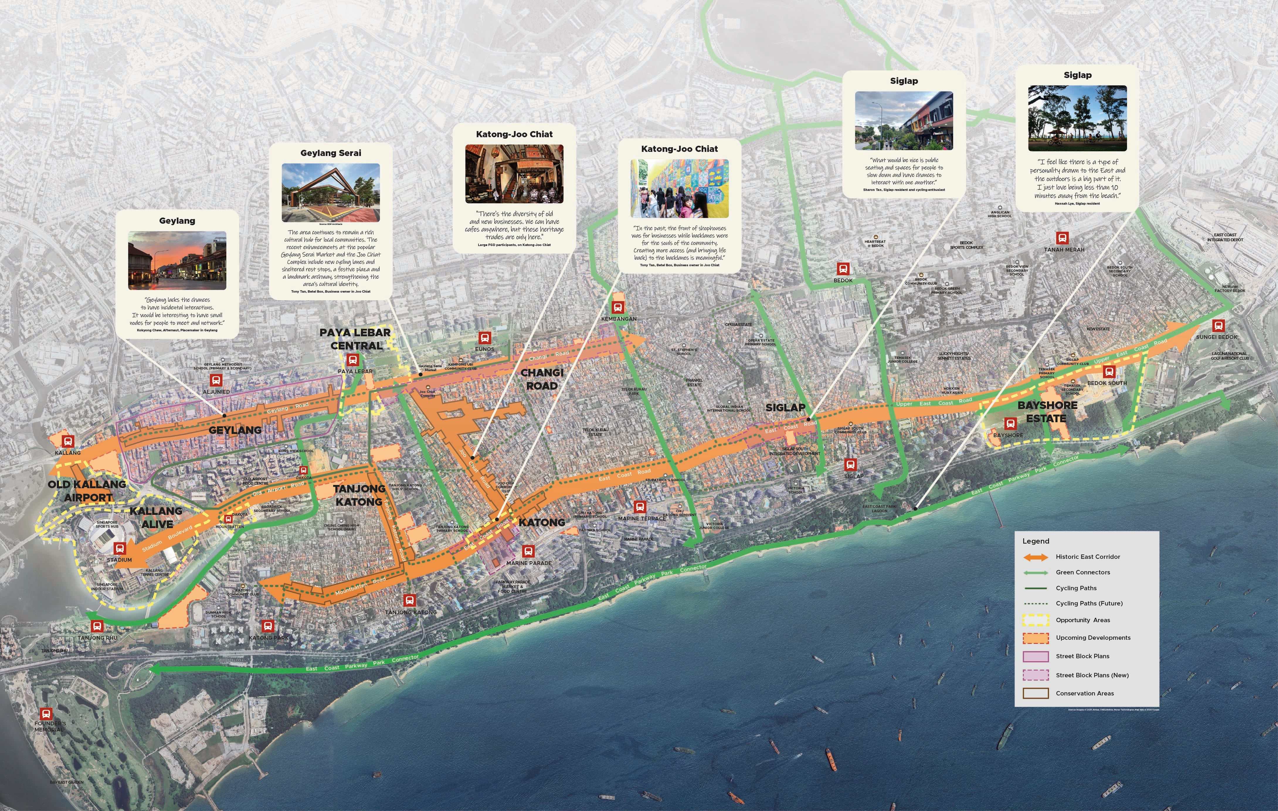 Map of Singapore's East Coast showing historical corridor, cycling paths, and areas of interest.